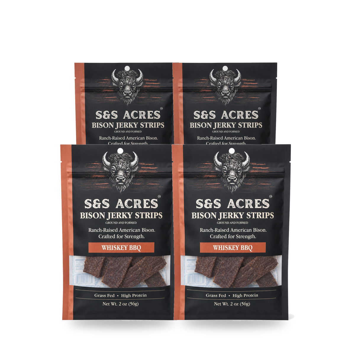 Tonka Club Ranch Hand — four pouches, all Whiskey BBQ bison jerky strips