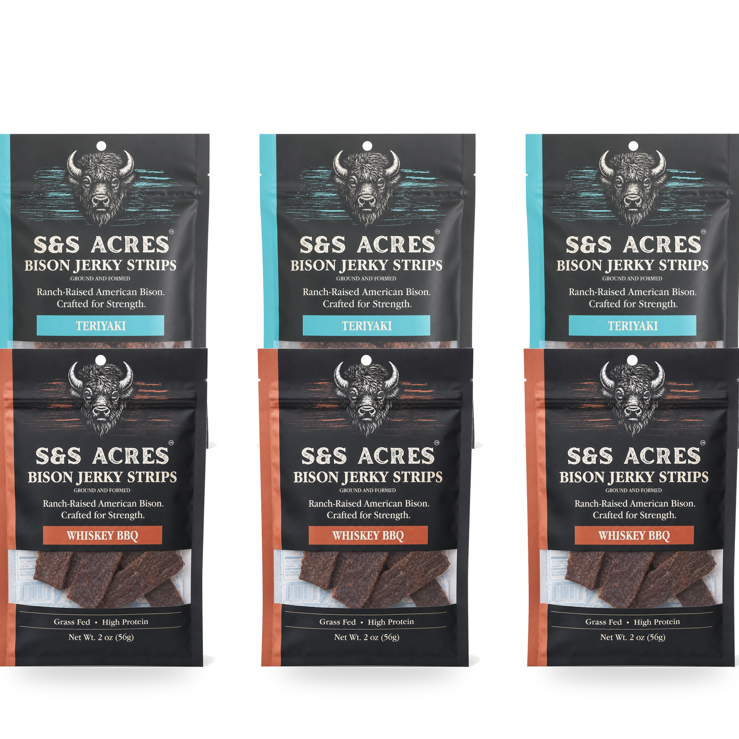 Chuckwagon pouches — mixed strips, three Teriyaki and three Whiskey BBQ