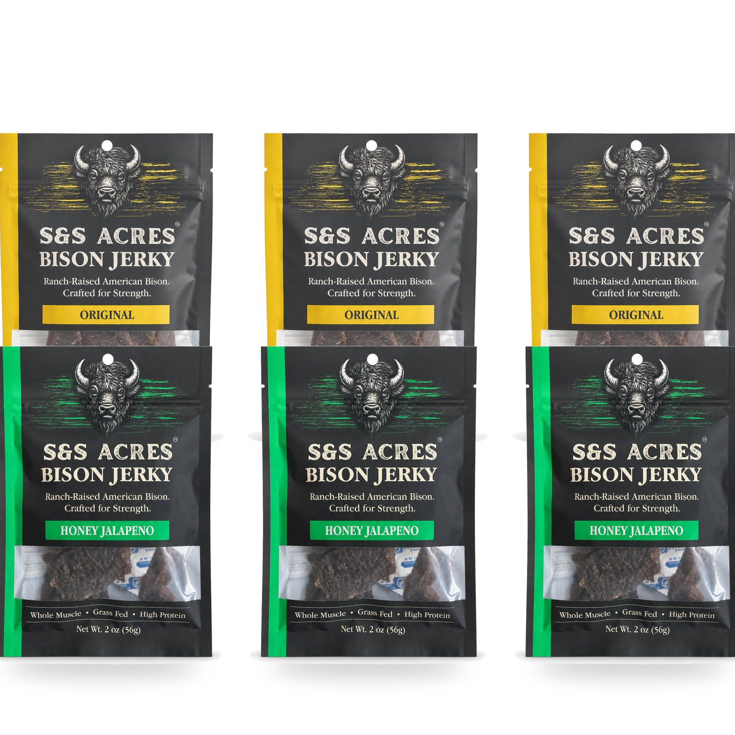 Chuckwagon pouches — mixed jerky, three Original and three Honey Jalapeño