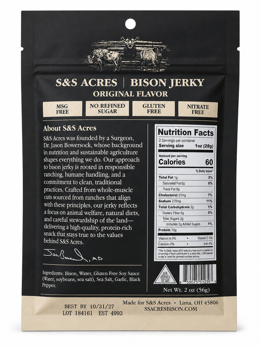 Original back label — ingredients and nutrition facts: 60 calories, 10g protein per serving