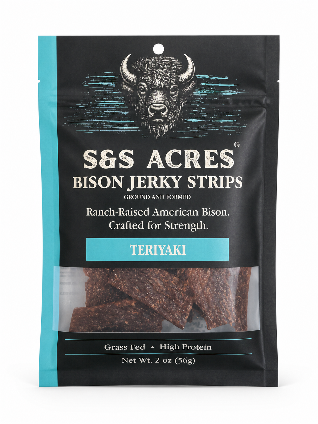 S&S Acres Bison Jerky Strips — Teriyaki, 2 oz pouch front