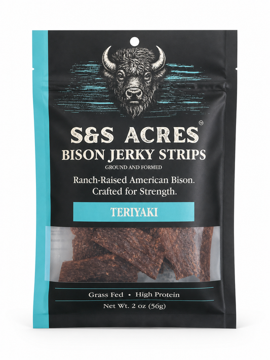 S&S Acres Bison Jerky Strips — Teriyaki, 2 oz pouch front