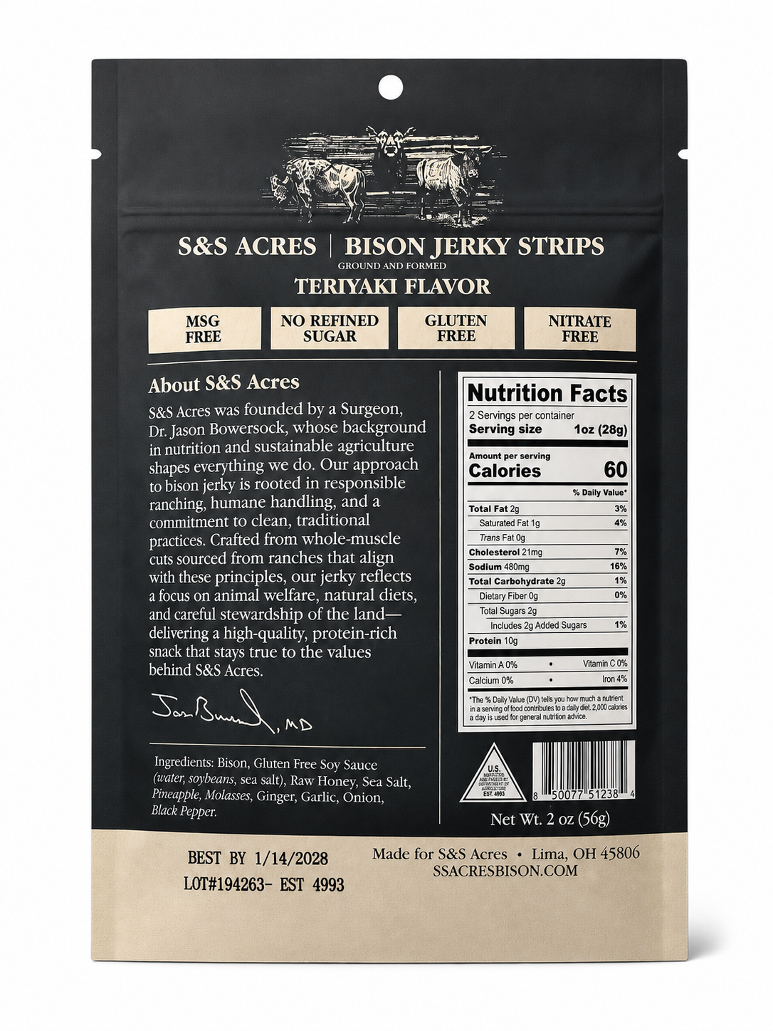 Teriyaki back label — ingredients and nutrition facts: 60 calories, 10g protein per serving