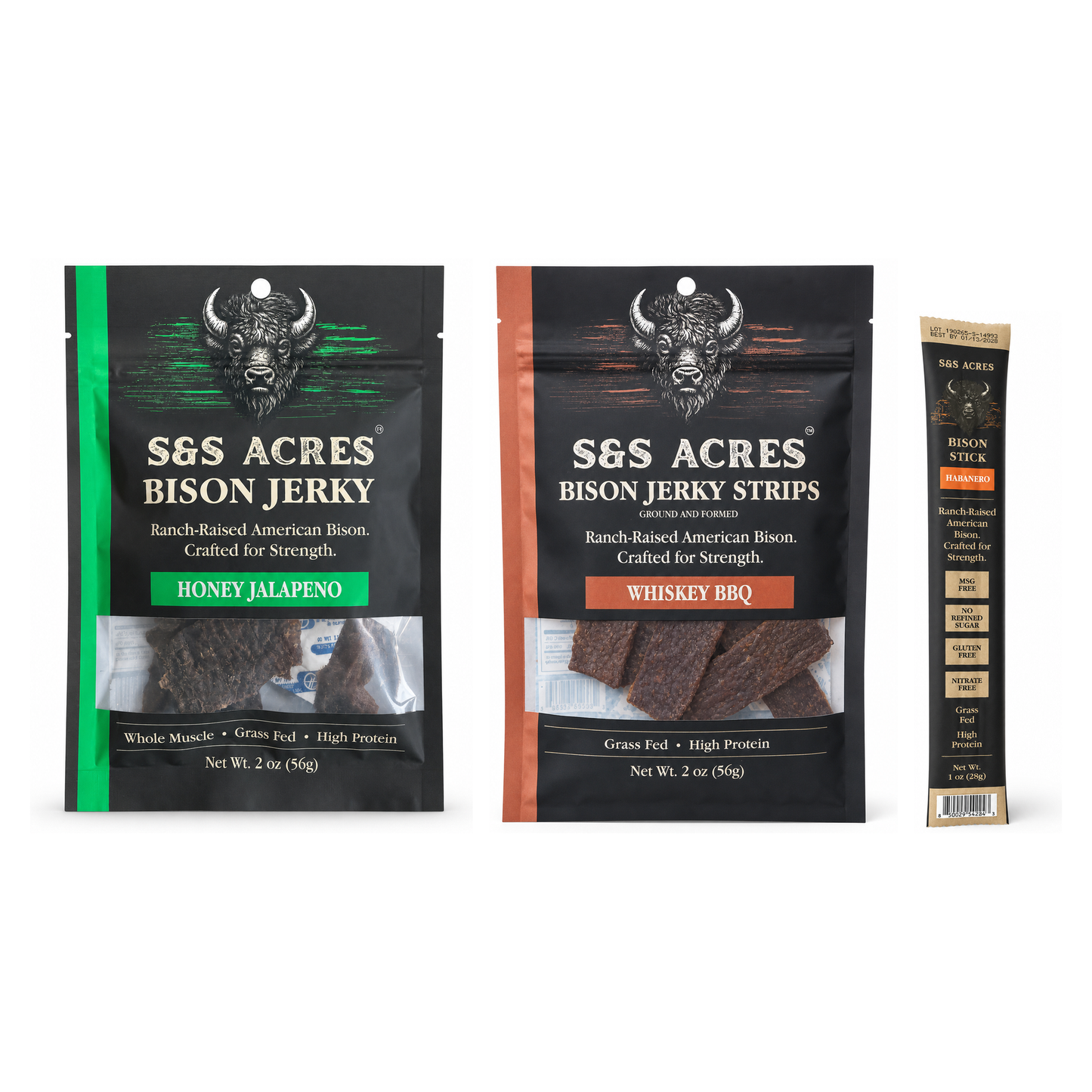 Tonka Trio — Hot: Honey Jalapeño jerky, Whiskey BBQ strips, Habanero bison stick