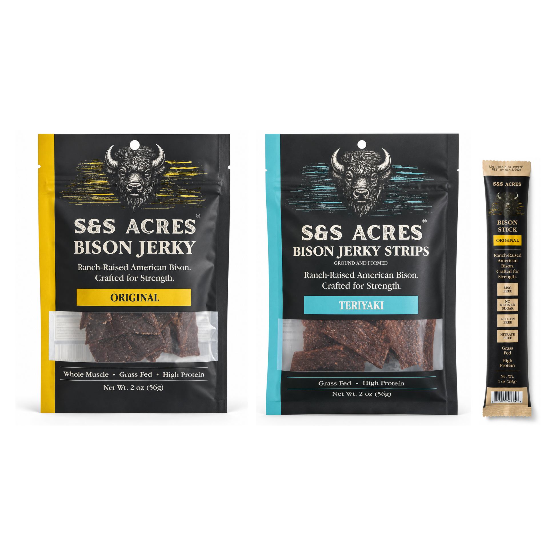 Tonka Trio — Original (mild): Original jerky, Teriyaki strips, Original bison stick