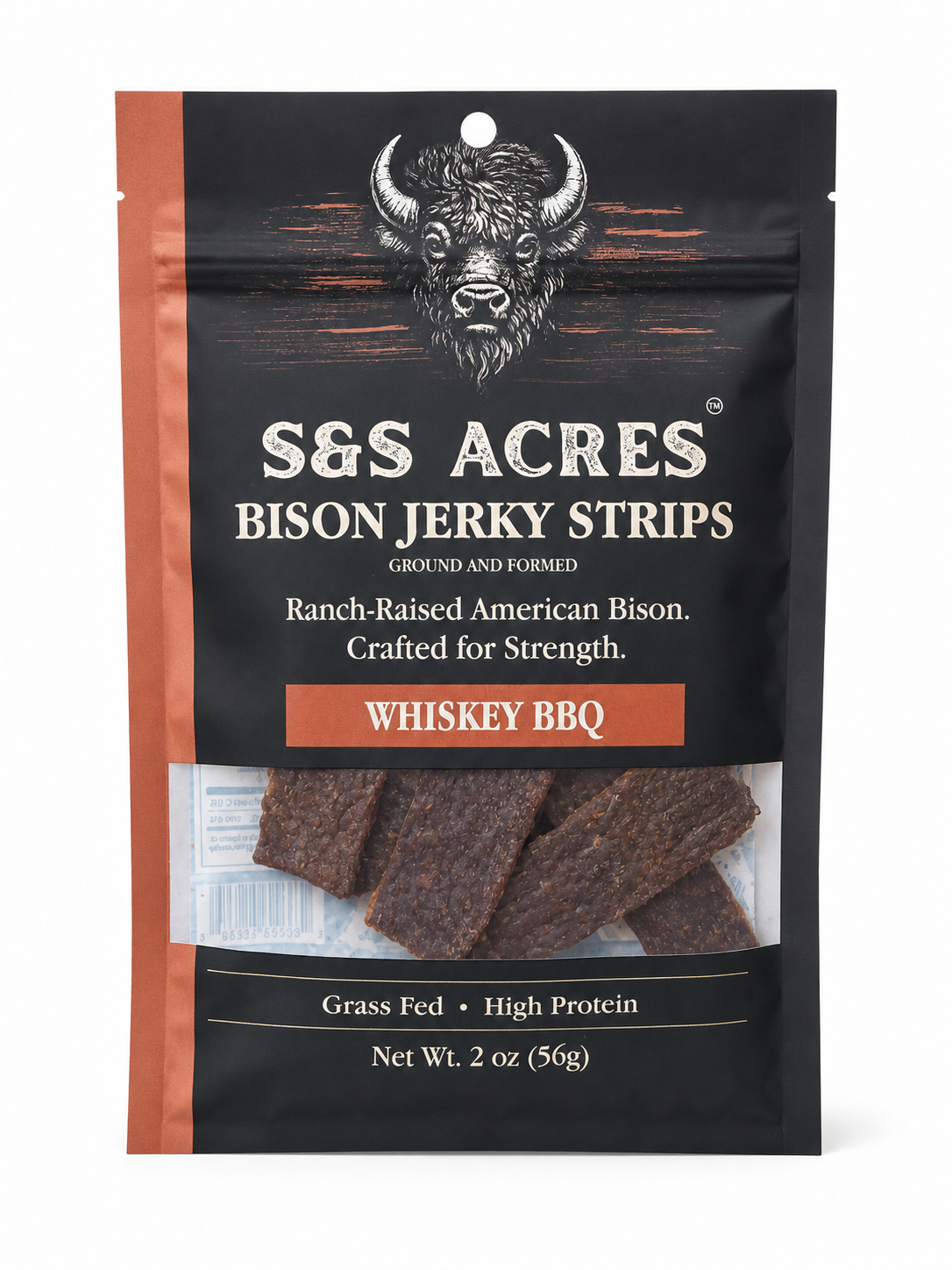S&S Acres Bison Jerky Strips — Whiskey BBQ, 2 oz pouch front