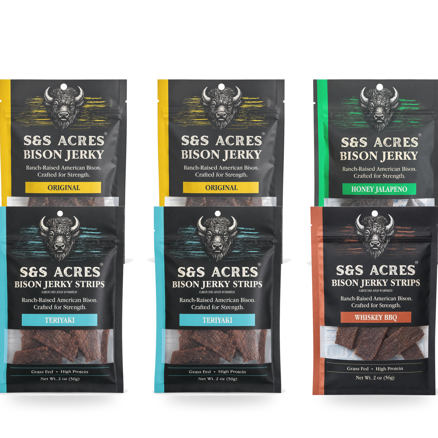 Chuckwagon pouches — even mix of jerky and strips across all four flavors