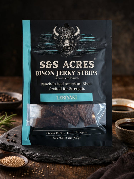 S&S Acres Bison Jerky Strips — Teriyaki, ranch table