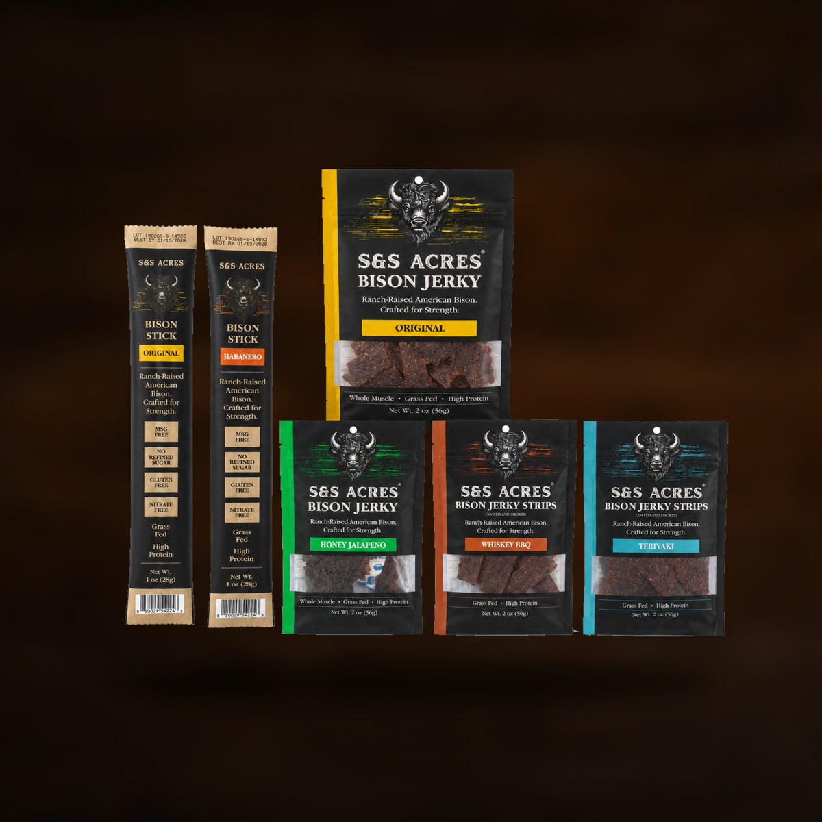 Tonka Trio — jerky, strips, and sticks on ranch wood